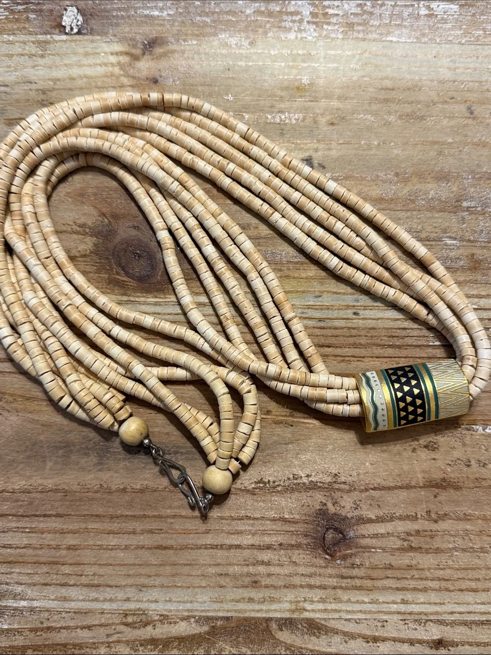Vintage Boho Tan Beige Beaded Multi Layered Long Statement Necklace